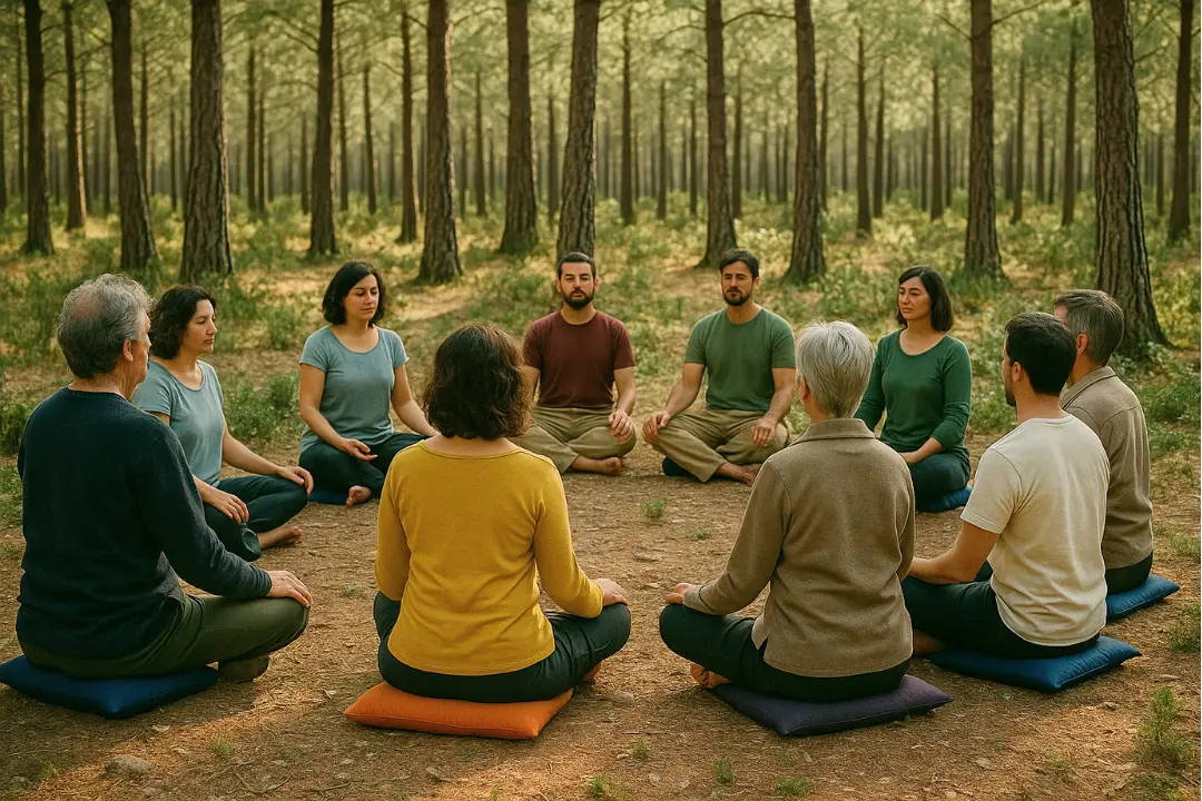 Grup de persones fent exercicis de ioga en un entorn natural amb muntanyes